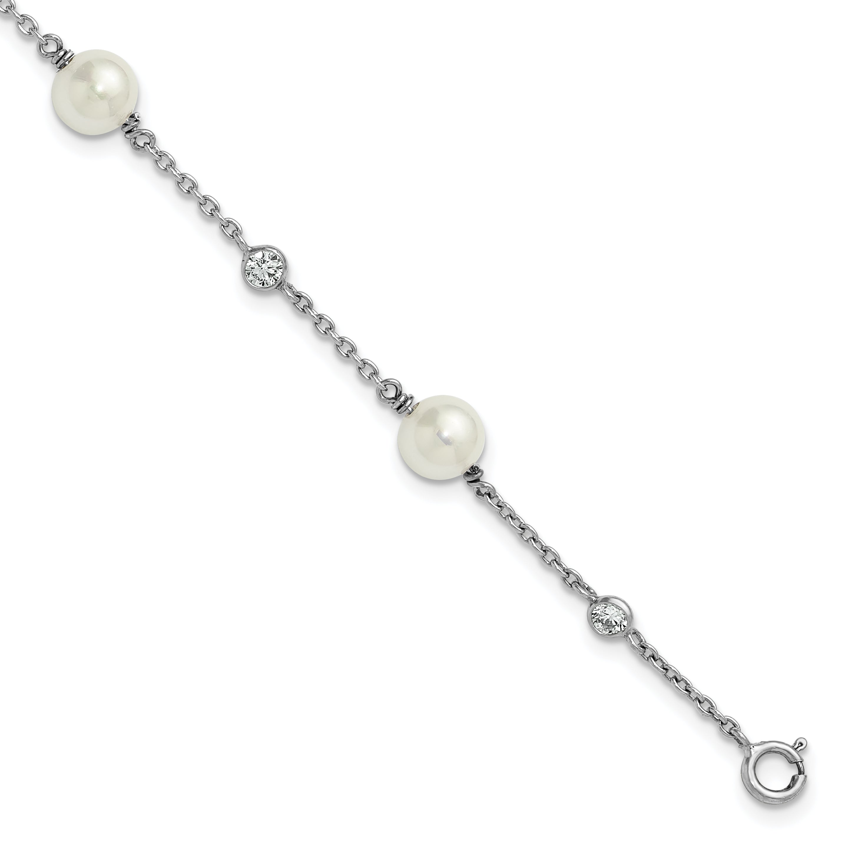Sterling Silver Rhodium-plated Polished CZ and Shell Pearl 8-Station 7 inch with 0.5 inch Extender Bracelet