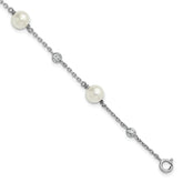 Sterling Silver Rhodium-plated Polished CZ and Shell Pearl 8-Station 7 inch with 0.5 inch Extender Bracelet