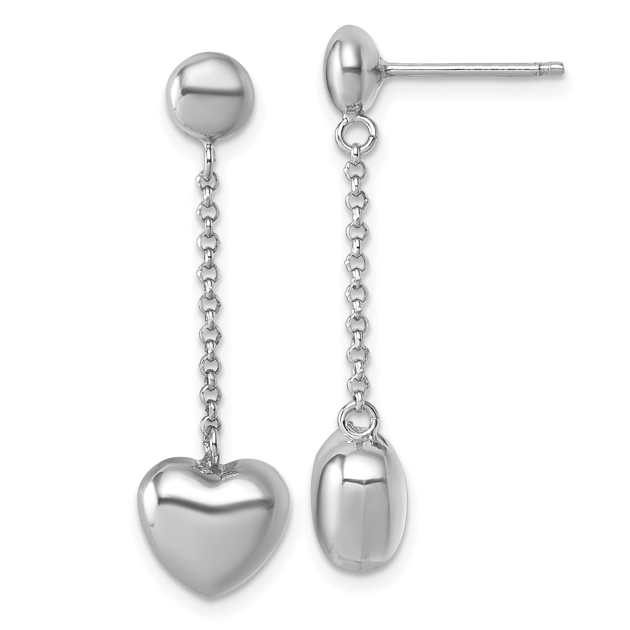 Sterling Silver Rhodium-plated Polished Puffed Heart Post Dangle Earrings