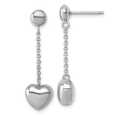 Sterling Silver Rhodium-plated Polished Puffed Heart Post Dangle Earrings