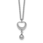 Sterling Silver Rhodium-plated Polished Puffed Heart and Ball Dangle 16 inch with 1 inch Extender Necklace