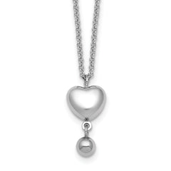 Sterling Silver Rhodium-plated Polished Puffed Heart and Ball Dangle 16 inch with 1 inch Extender Necklace