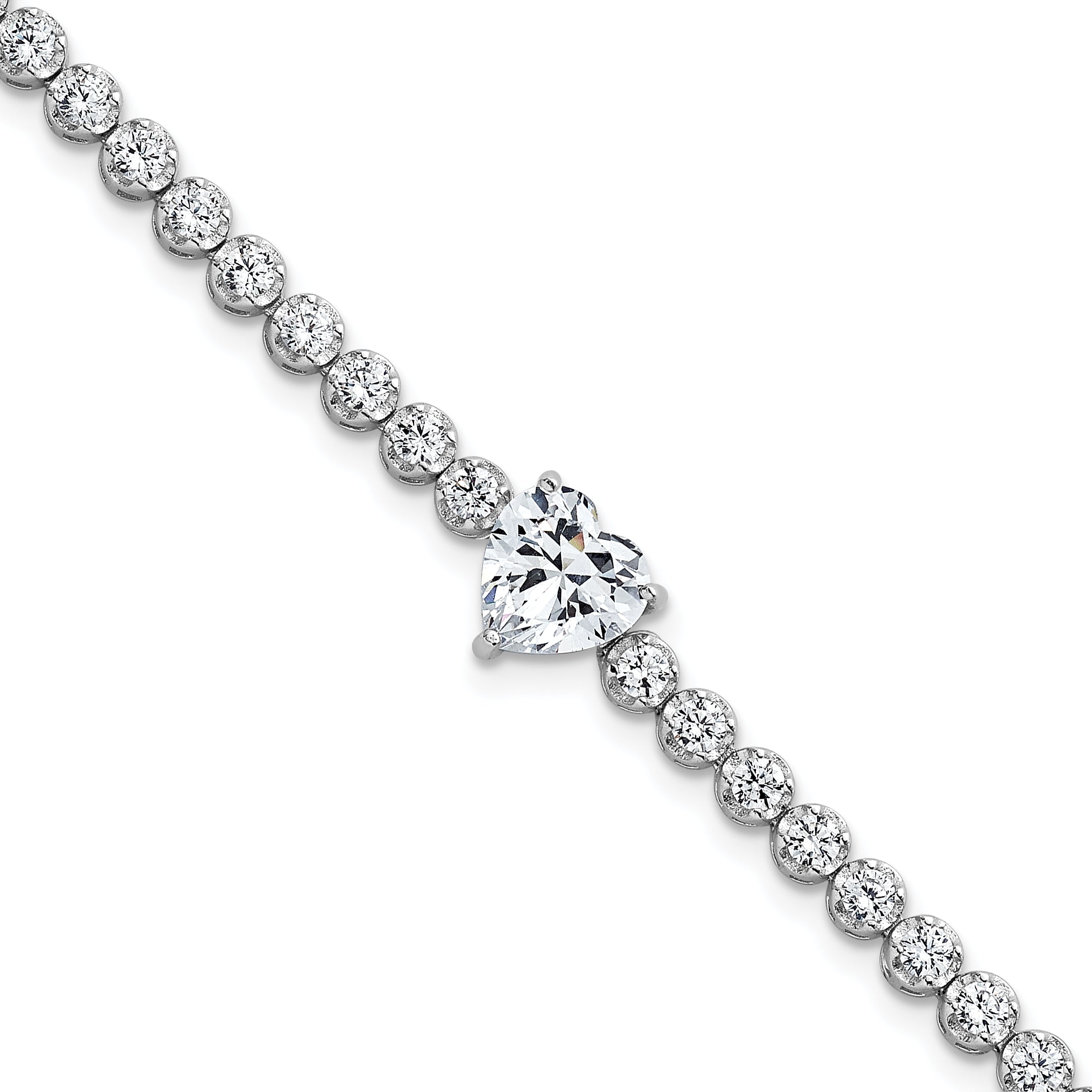 Sterling Silver Rhodium-plated Polished Round and Heart CZ 7.25 Inch Bracelet