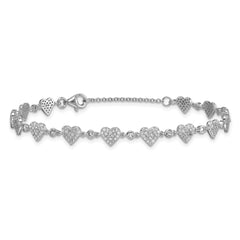 Sterling Silver Rhodium-plated Polished Pave CZ Hearts 7 Inch with 1 Inch Extension Bracelet