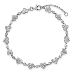Sterling Silver Rhodium-plated Polished Pave CZ Hearts 7 Inch with 1 Inch Extension Bracelet