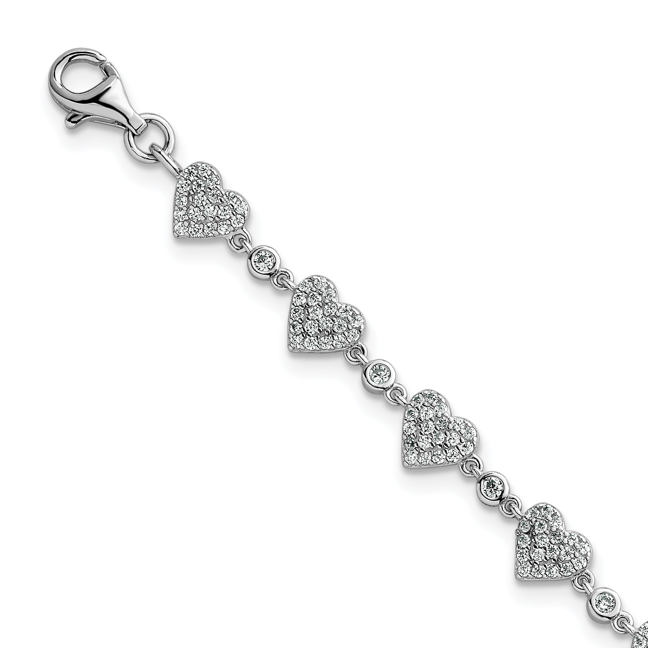 Sterling Silver Rhodium-plated Polished Pave CZ Hearts 7 Inch with 1 Inch Extension Bracelet