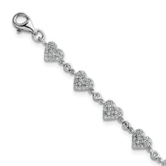 Sterling Silver Rhodium-plated Polished Pave CZ Hearts 7 Inch with 1 Inch Extension Bracelet