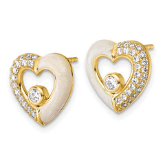 Sterling Silver Gold-tone Polished CZ and Champagne Enamel Open Heart Post Earrings