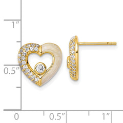 Sterling Silver Gold-tone Polished CZ and Champagne Enamel Open Heart Post Earrings