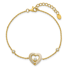 Sterling Silver Gold-tone Polished CZ and Champagne Enamel Open Heart 7 inch with 1 inch Extension Bracelet