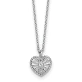 Sterling Silver Rhodium-plated Polished Beaded and Textured CZ Heart 16 Inch with 2 Inch Extension Necklace