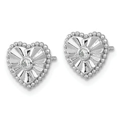 Sterling Silver Rhodium-plated Polished Beaded and Textured CZ Heart Post Earrings