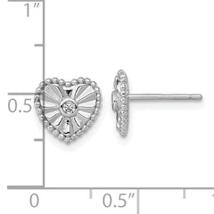 Sterling Silver Rhodium-plated Polished Beaded and Textured CZ Heart Post Earrings