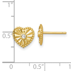 Sterling Silver Gold-tone Polished Beaded and Textured CZ Heart Post Earrings