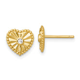 Sterling Silver Gold-tone Polished Beaded and Textured CZ Heart Post Earrings