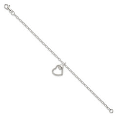 Sterling Silver Polished and Twisted Heart Dangle 7.5 Inch Cable Chain Bracelet