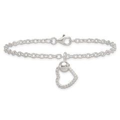 Sterling Silver Polished and Twisted Heart Dangle 7.5 Inch Cable Chain Bracelet