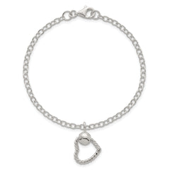 Sterling Silver Polished and Twisted Heart Dangle 7.5 Inch Cable Chain Bracelet