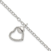 Sterling Silver Polished and Twisted Heart Dangle 7.5 Inch Cable Chain Bracelet