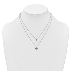 Sterling Silver Rhodium-plated Two-Strand Black Enameled MOM Puffed Heart and Small Heart 16 inch with 1 inch extension Necklace