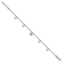 Sterling Silver Rhodium-plated Black Enameled MOM Puffed Heart with Heart Charms 6.5 inch with 0.75 inch extension Bracelet