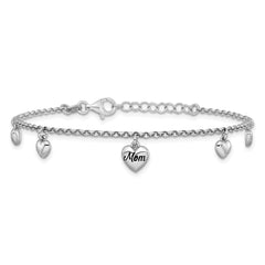 Sterling Silver Rhodium-plated Black Enameled MOM Puffed Heart with Heart Charms 6.5 inch with 0.75 inch extension Bracelet