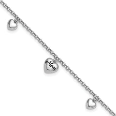Sterling Silver Rhodium-plated Black Enameled MOM Puffed Heart with Heart Charms 6.5 inch with 0.75 inch extension Bracelet