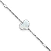 Sterling Silver Rhodium-plated Mother of Pearl Heart 6.5 inch with 1 inch extension Bracelet