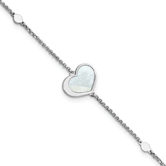 Sterling Silver Rhodium-plated Mother of Pearl Heart 6.5 inch with 1 inch extension Bracelet