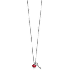 Sterling Silver Rhodium-plated Red Enameled Heart Lock and Key 16 inch with 1 inch extension Necklace