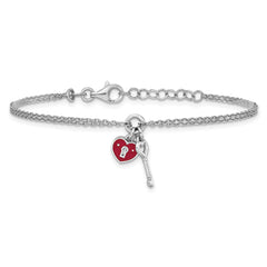 Sterling Silver Rhodium-plated Two-strand Red Enameled Heart Lock and Key 6.75 inch with 0.75 inch extension Bracelet