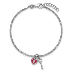 Sterling Silver Rhodium-plated Two-strand Red Enameled Heart Lock and Key 6.75 inch with 0.75 inch extension Bracelet