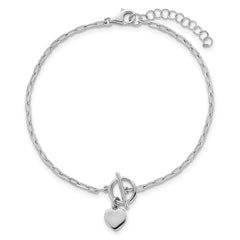 Sterling Silver Rhodium-plated Polished Heart Dangle Paperclip Link 6.5 Inch with 1 Inch Extension Bracelet