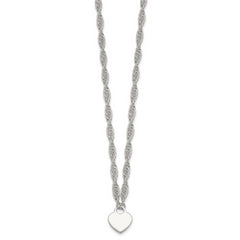 Sterling Silver Polished Fancy Engravable Heart Disc on Rope Chain 16 Inch with 2 Inch Extension Necklace