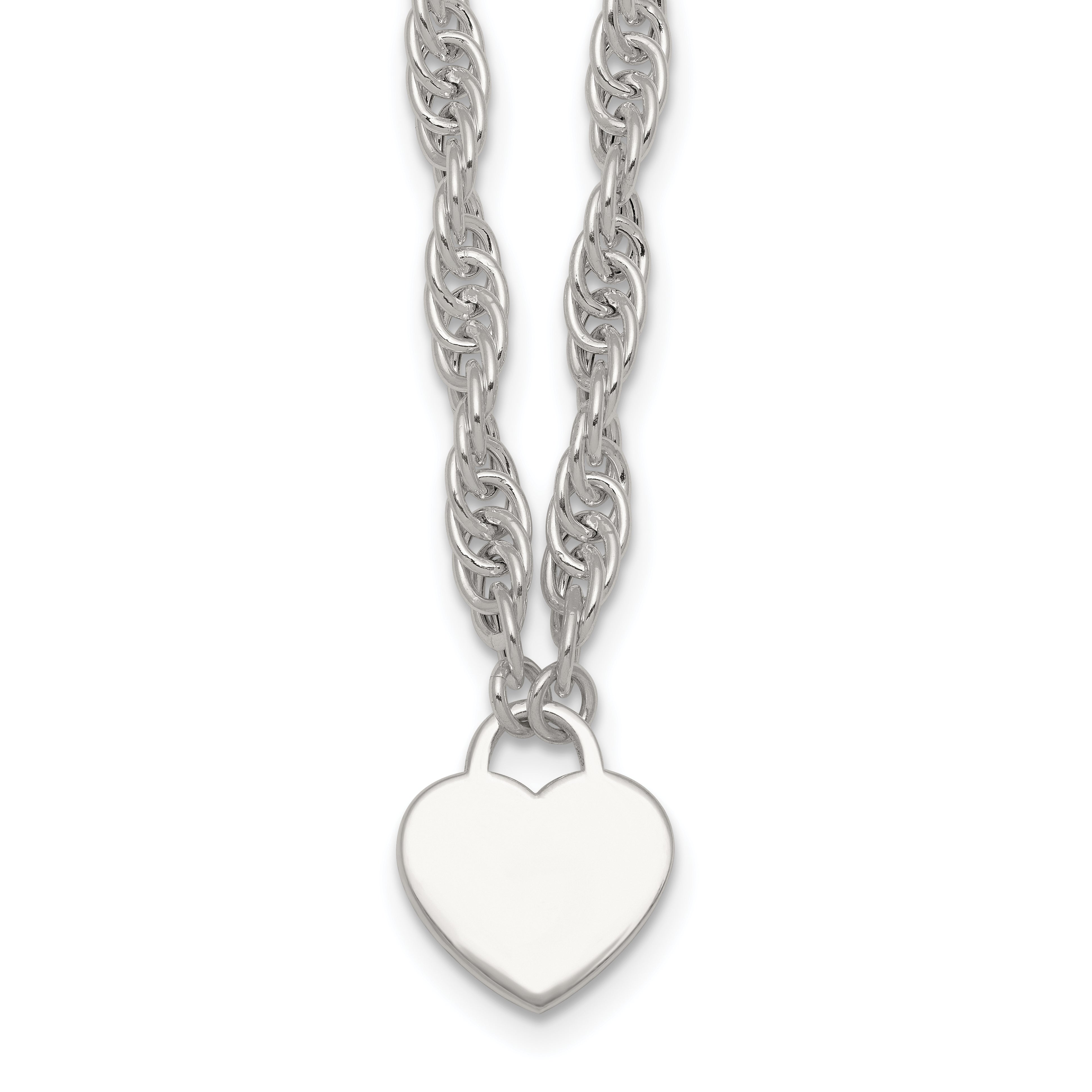 Sterling Silver Polished Fancy Engravable Heart Disc on Rope Chain 16 Inch with 2 Inch Extension Necklace