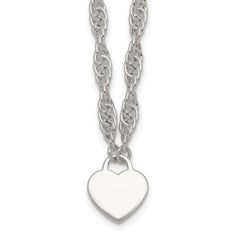 Sterling Silver Polished Fancy Engravable Heart Disc on Rope Chain 16 Inch with 2 Inch Extension Necklace