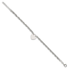 Sterling Silver Polished Fancy Engravable Heart Disc on Rope Chain 7 Inch with 1 Inch Extension Bracelet