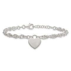 Sterling Silver Polished Fancy Engravable Heart Disc on Rope Chain 7 Inch with 1 Inch Extension Bracelet