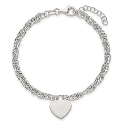 Sterling Silver Polished Fancy Engravable Heart Disc on Rope Chain 7 Inch with 1 Inch Extension Bracelet