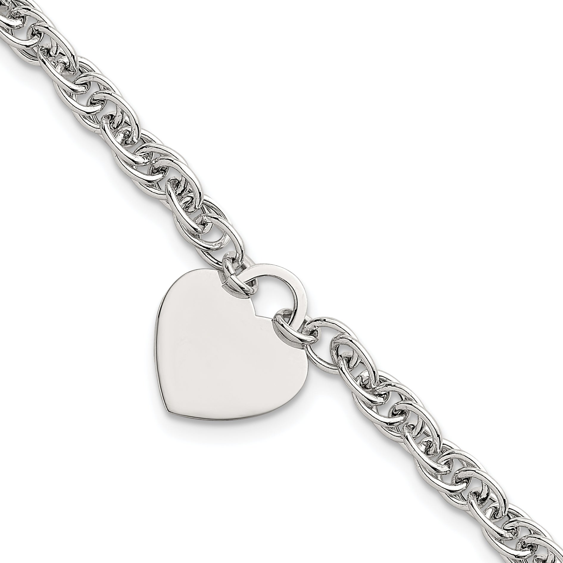 Sterling Silver Polished Fancy Engravable Heart Disc on Rope Chain 7 Inch with 1 Inch Extension Bracelet