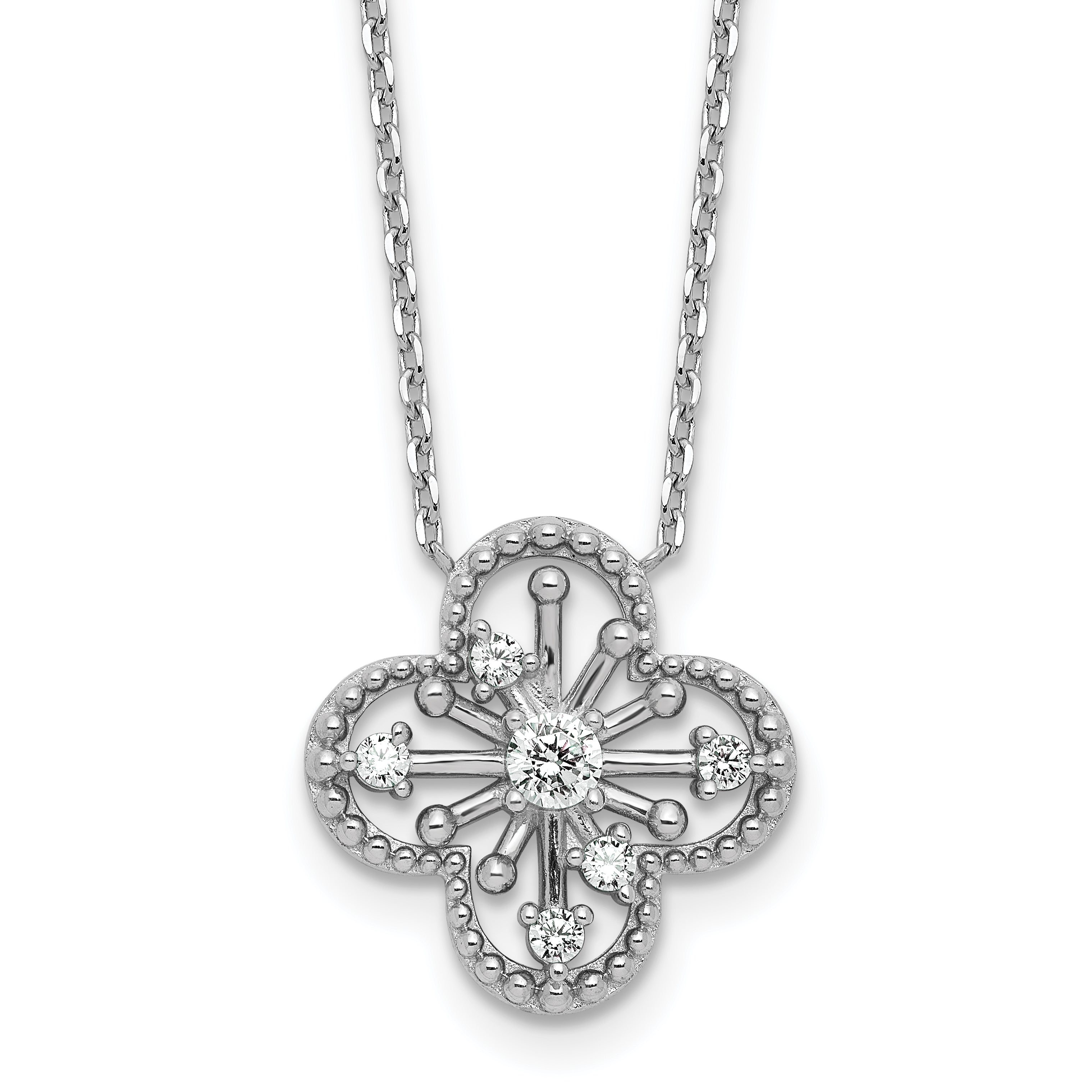 Sterling Silver Rhodium-plated CZ Textured Clover Shape 16 inch with 1.25 inch Extension Necklace