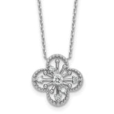 Sterling Silver Rhodium-plated CZ Textured Clover Shape 16 inch with 1.25 inch Extension Necklace