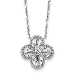 Sterling Silver Rhodium-plated CZ Textured Clover Shape 16 inch with 1.25 inch Extension Necklace