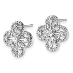 Sterling Silver Rhodium-plated CZ Textured Clover Shape Post Earrings