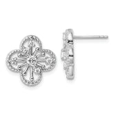 Sterling Silver Rhodium-plated CZ Textured Clover Shape Post Earrings