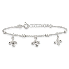 Sterling Silver Polished and Beaded with Three Leaf Dangles 7 inch with 1 inch Extension Bracelet
