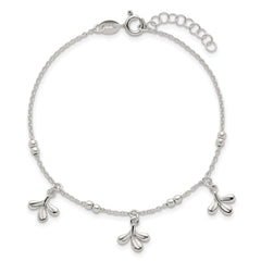 Sterling Silver Polished and Beaded with Three Leaf Dangles 7 inch with 1 inch Extension Bracelet