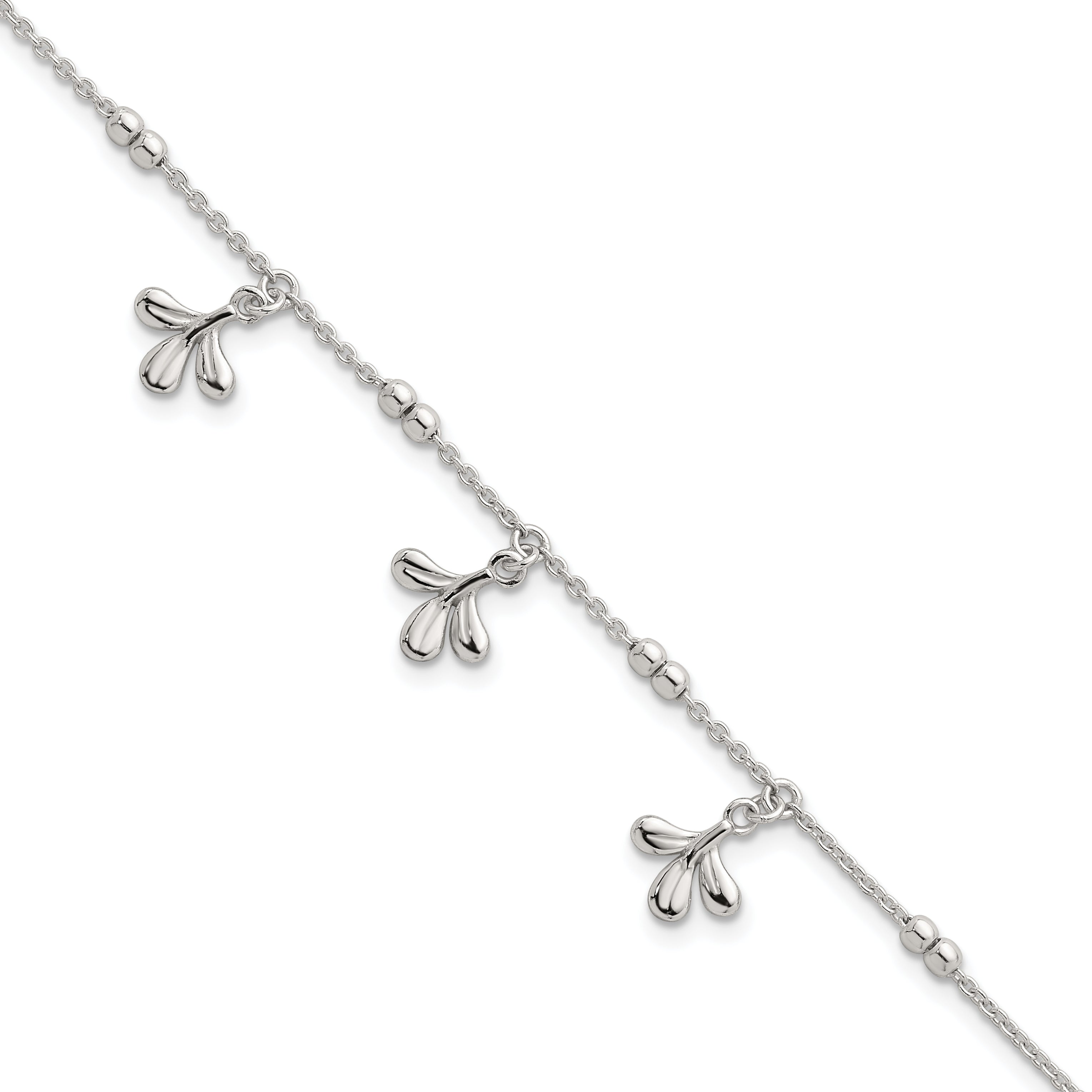 Sterling Silver Polished and Beaded with Three Leaf Dangles 7 inch with 1 inch Extension Bracelet
