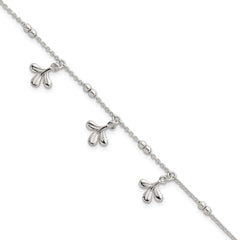 Sterling Silver Polished and Beaded with Three Leaf Dangles 7 inch with 1 inch Extension Bracelet