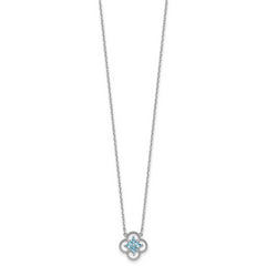 Sterling Silver Rhodium-plated Blue CZ Textured Clover Shape 16 inch with 1.5 inch Extension Necklace